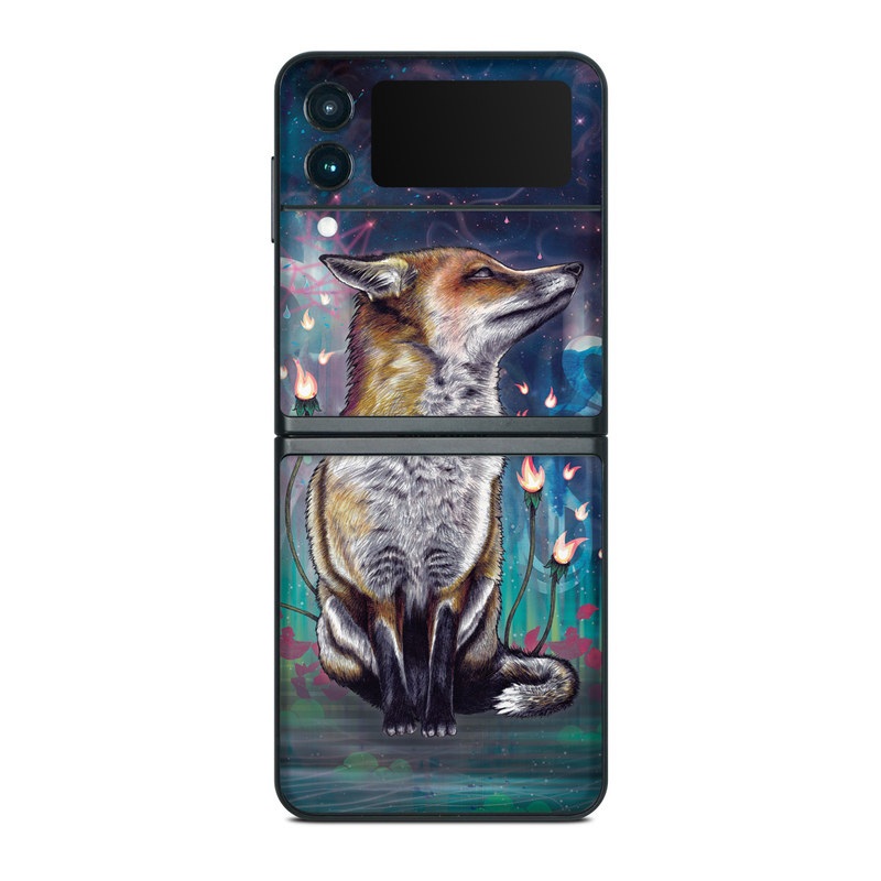 Samsung Galaxy Z Flip3 Skin design of Red fox, Art, Wildlife, Canidae, Illustration, Fox, Carnivore, Painting, Dhole, Red wolf, with black, gray, blue, red, green colors