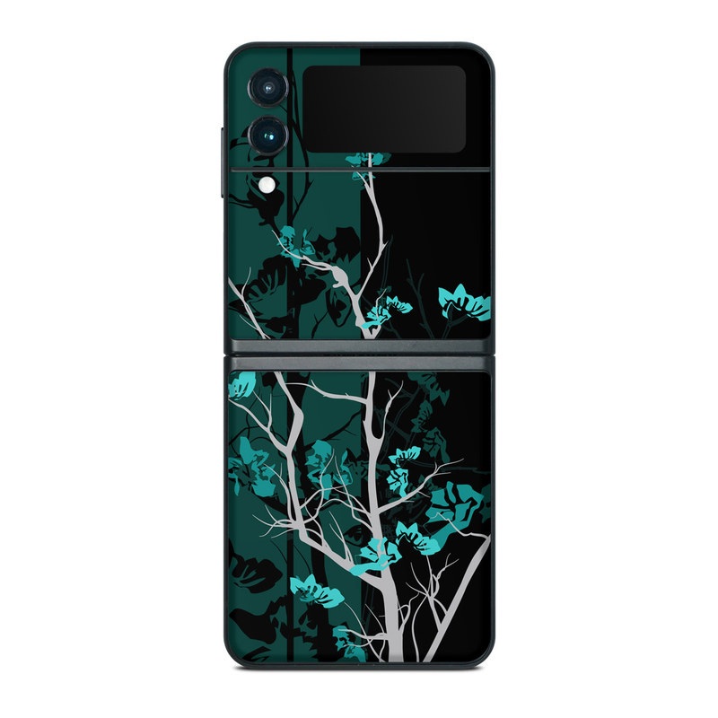 Samsung Galaxy Z Flip3 Skin design of Branch, Black, Blue, Green, Turquoise, Teal, Tree, Plant, Graphic design, Twig, with black, blue, gray colors