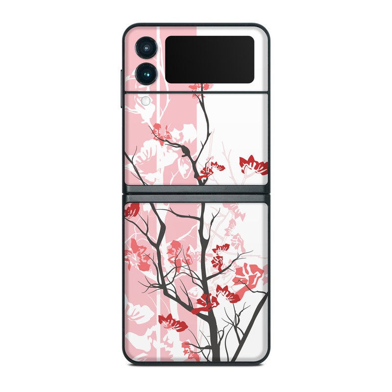 Samsung Galaxy Z Flip3 Skin design of Branch, Red, Flower, Plant, Tree, Twig, Blossom, Botany, Pink, Spring, with white, pink, gray, red, black colors