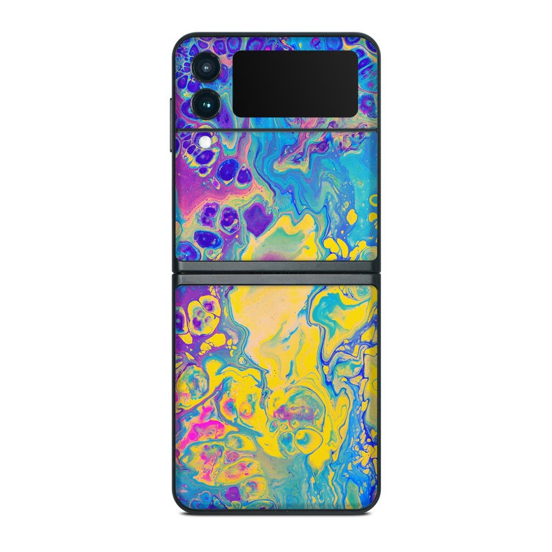 Samsung Galaxy Z Flip3 Skin design of Psychedelic art, Pattern, Purple, Visual arts, Design, Art, Fractal art, Electric blue, Graphic design, Graphics, with blue, yellow, purple, pink colors
