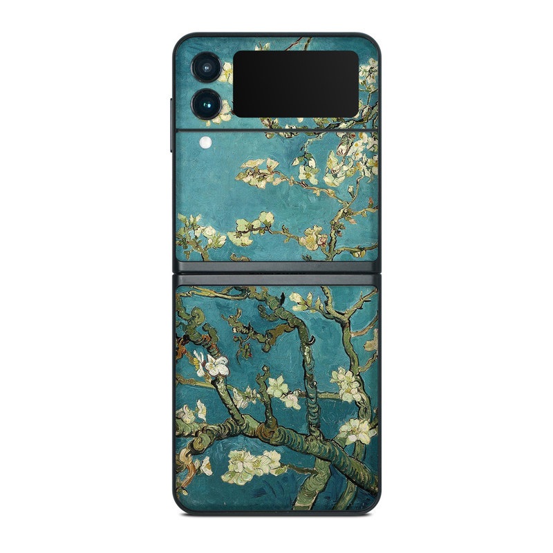 Samsung Galaxy Z Flip3 Skin design of Tree, Branch, Plant, Flower, Blossom, Spring, Woody plant, Perennial plant, with blue, black, gray, green colors