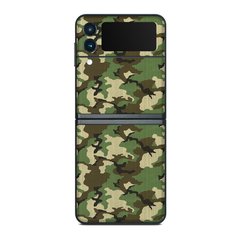 Samsung Galaxy Z Flip3 Skin design of Military camouflage, Camouflage, Clothing, Pattern, Green, Uniform, Military uniform, Design, Sportswear, Plane, with black, gray, green colors