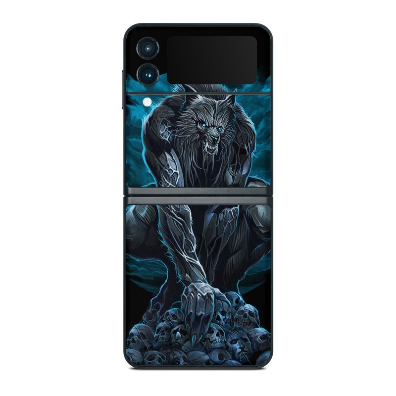 Samsung Galaxy Z Flip3 Skin design of Illustration, Fictional character, Werewolf, Darkness, Art, Mythology, Graphic design, Mythical creature, Cg artwork, with gray, blue, black colors