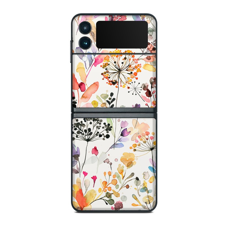 Samsung Galaxy Z Flip3 Skin design of Flower, Petal, Rectangle, Branch, Creative arts, Plant, Line, Art, Painting, Font, with white, pink, red, yellow, orange, green, blue, purple colors