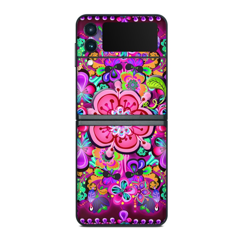 Samsung Galaxy Z Flip3 Skin design of Pattern, Pink, Design, Textile, Magenta, Art, Visual arts, Paisley, with purple, black, red, gray, blue colors