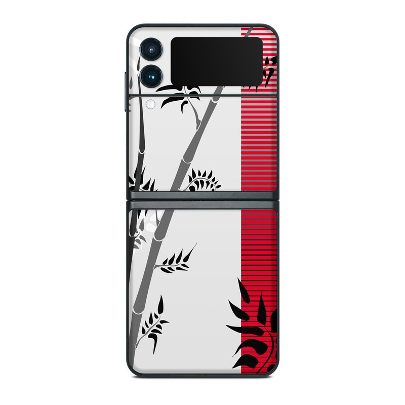 Samsung Galaxy Z Flip3 Skin design of Botany, Plant, Branch, Plant stem, Tree, Bamboo, Pedicel, Black-and-white, Flower, Twig, with gray, red, black, white colors