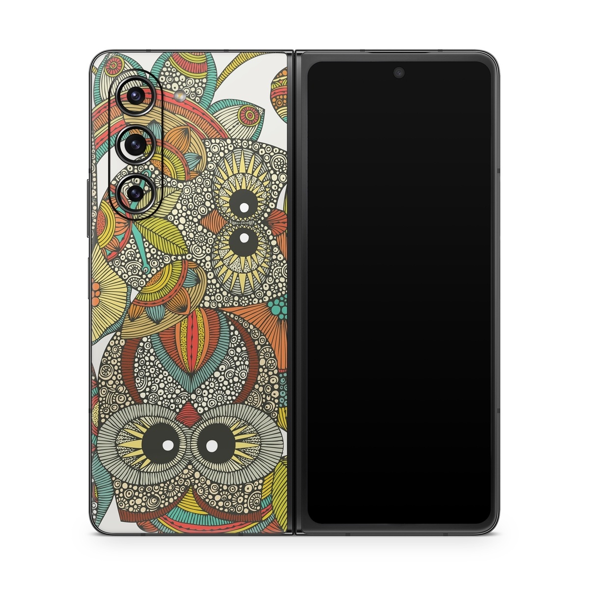 Samsung Galaxy Z Fold5 Skin design of Owl, Pattern, Visual arts, Art, Design, Textile, Illustration, Motif, Bird, with white, green, orange, yellow, blue, red colors