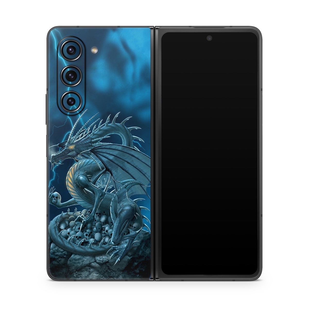 Samsung Galaxy Z Fold5 Skin design of Cg artwork, Dragon, Mythology, Fictional character, Illustration, Mythical creature, Art, Demon, with blue, yellow colors