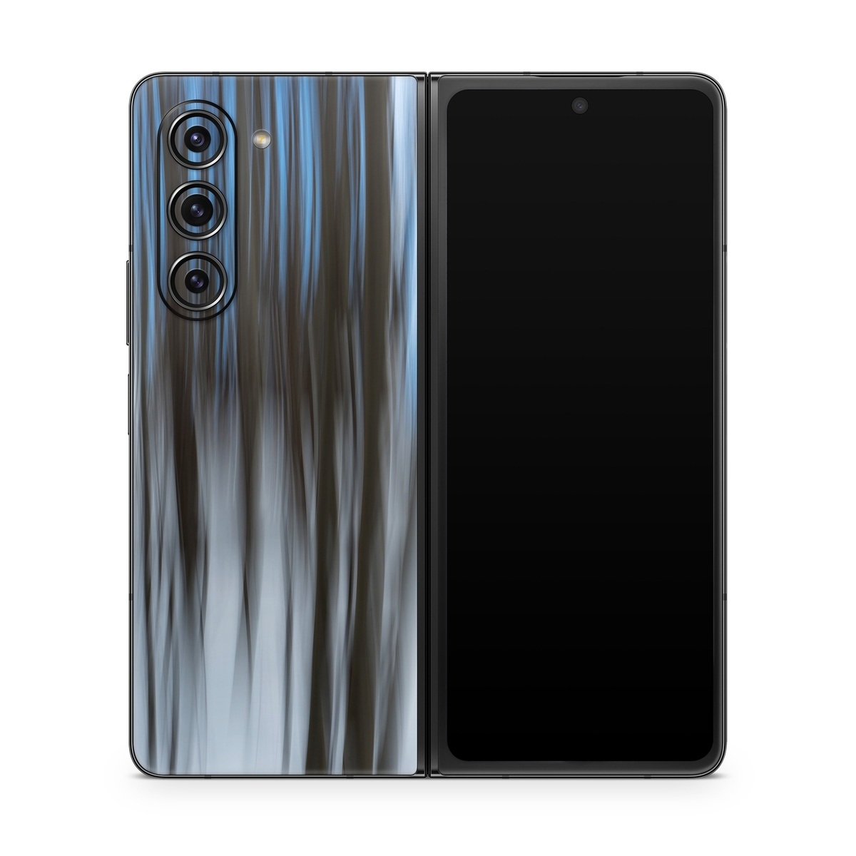 Samsung Galaxy Z Fold5 Skin design of Water, Blue, Natural environment, Tree, Forest, Line, Waterfall, Plant, Black-and-white, Reflection, with black, white, blue colors