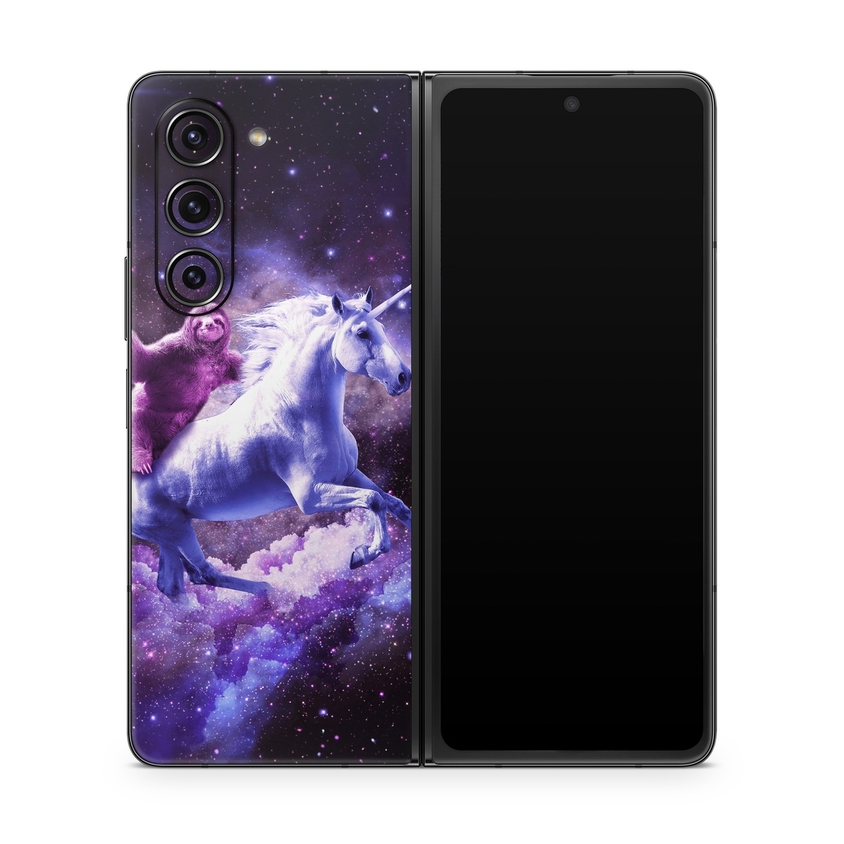 Samsung Galaxy Z Fold5 Skin design of Purple, Unicorn, Fictional character, Violet, Mythical creature, Illustration, Sky, Graphic design, Space, Constellation, with black, white, blue, purple, gray, brown colors