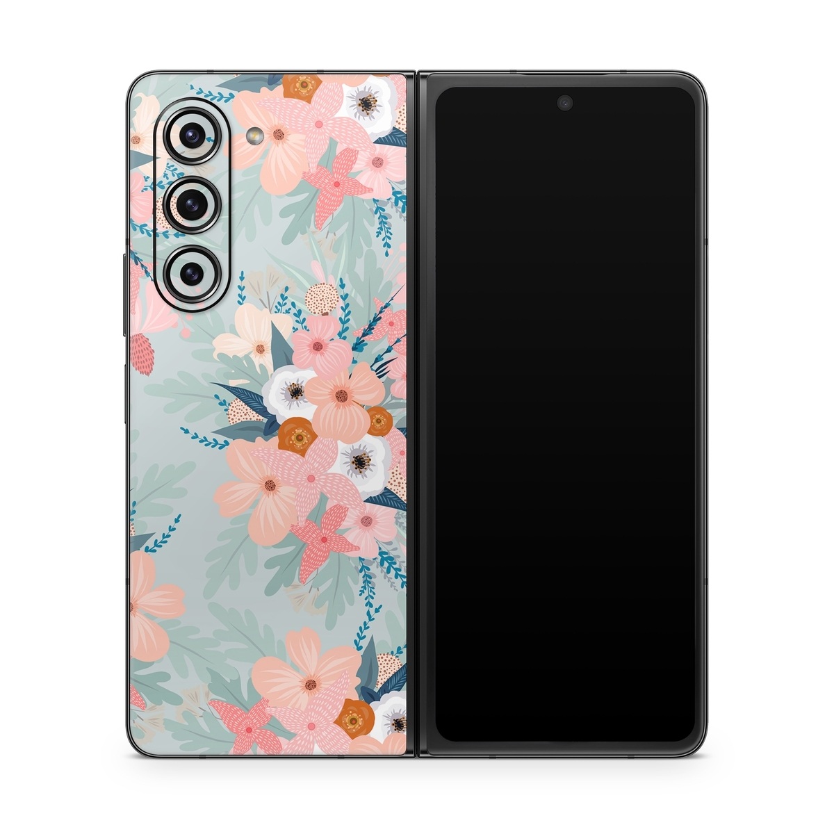 Samsung Galaxy Z Fold5 Skin design of Pattern, Aqua, Wrapping paper, Textile, Design, Floral design, Wildflower, Plant, Pedicel, Blossom, with pink, red, blue, white colors