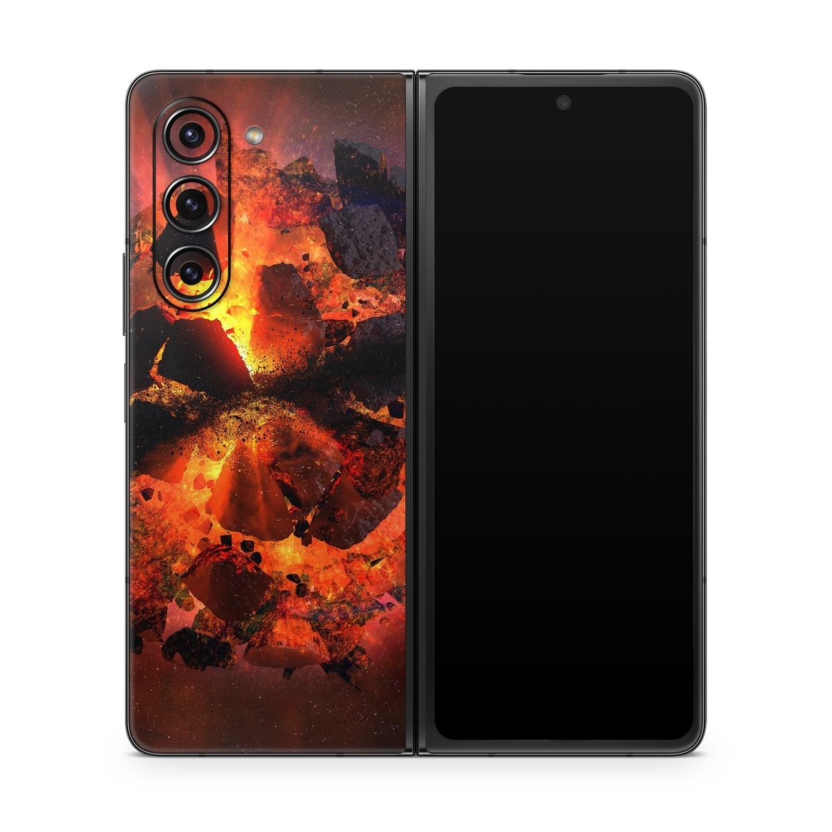 Samsung Galaxy Z Fold5 Skin design of Flame, Heat, Fire, Space, Atmosphere, Charcoal, Explosion, Geological phenomenon, Ash, Graphics, with black, red colors