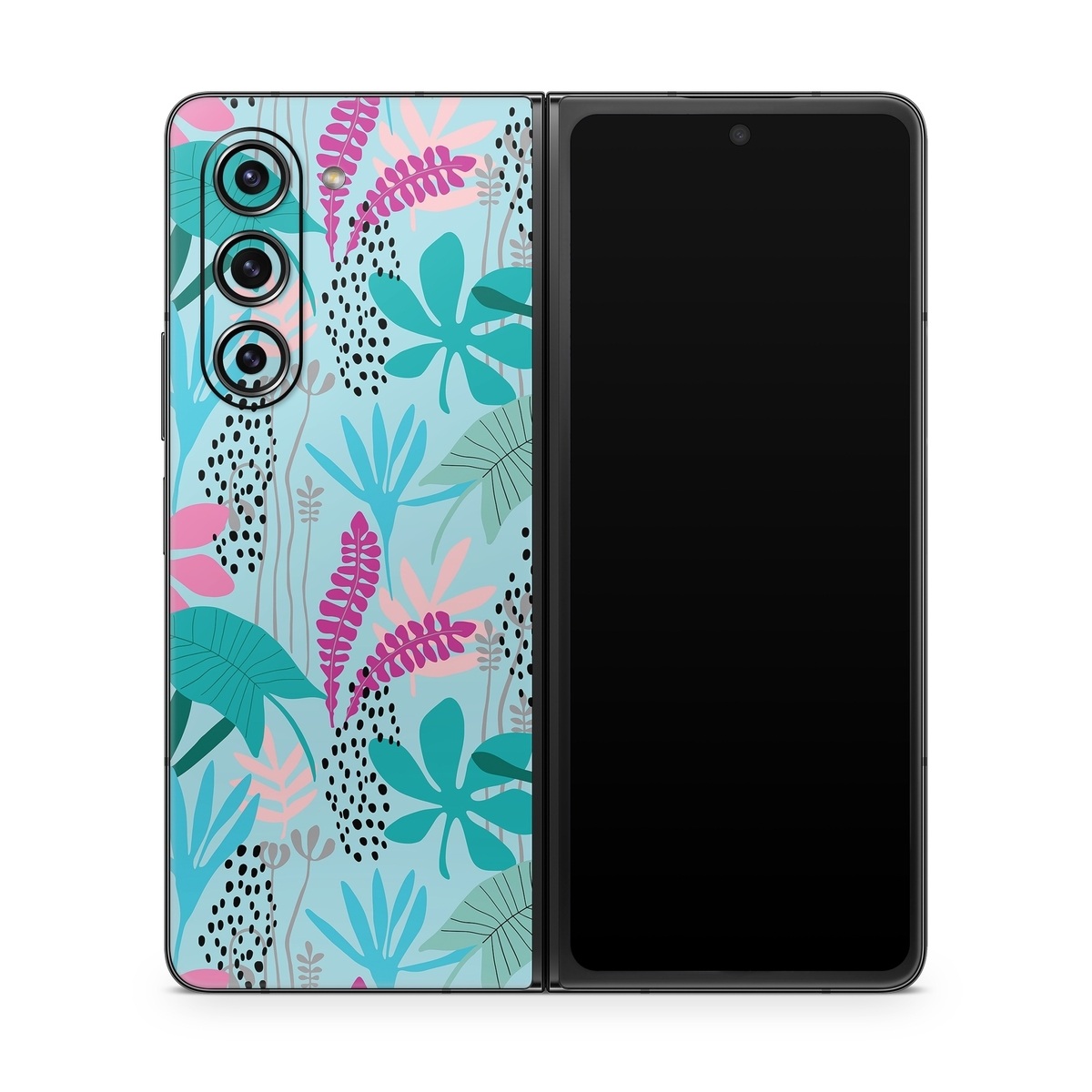 Samsung Galaxy Z Fold5 Skin design of White, Leaf, Botany, Green, Textile, Branch, Organism, Plant, Font, Pink, with blue, green, pink, purple, black, gray colors