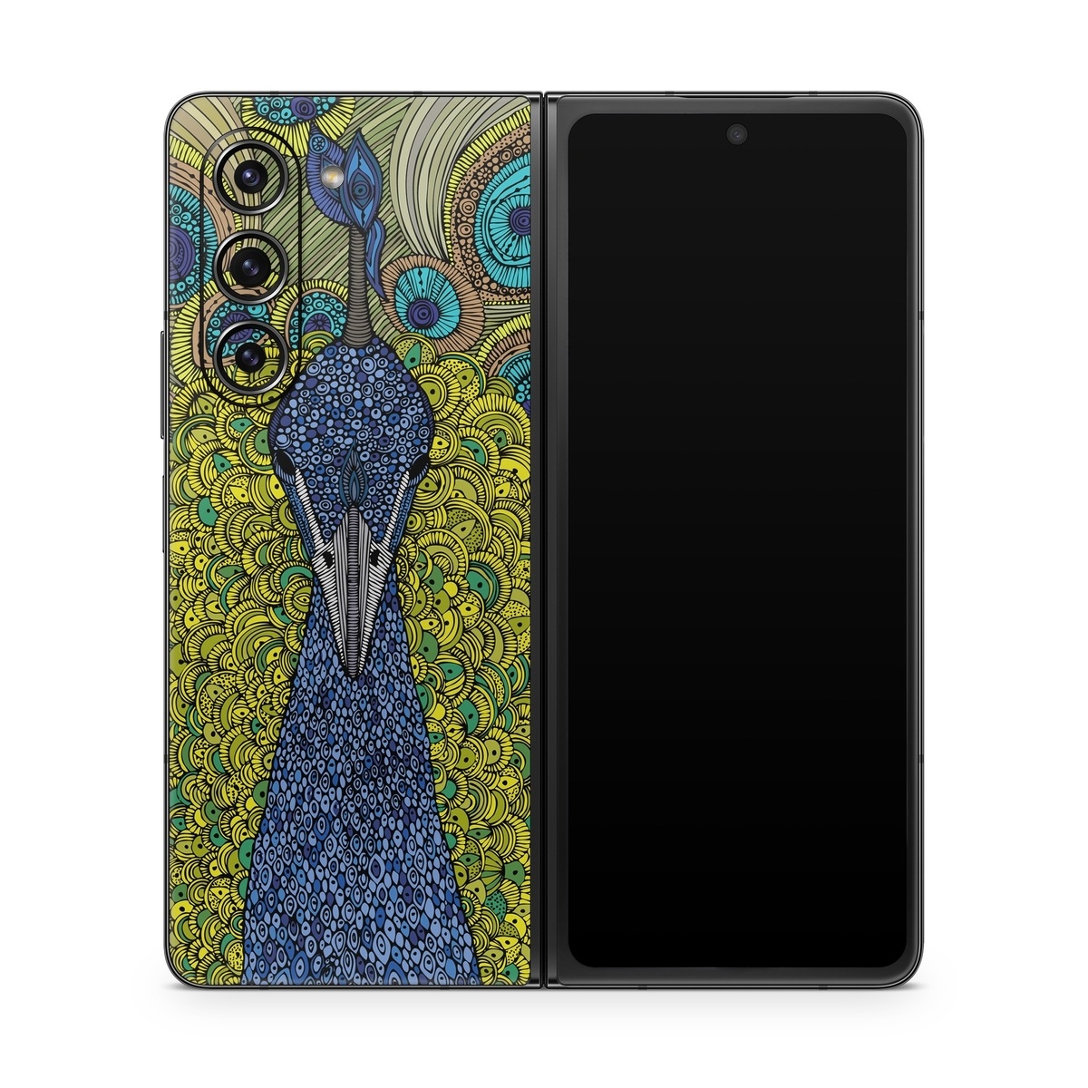 Samsung Galaxy Z Fold5 Skin design of Peafowl, Bird, Feather, Pattern, Art, Phasianidae, Galliformes, Design, Psychedelic art, Symmetry, with green, blue, yellow colors