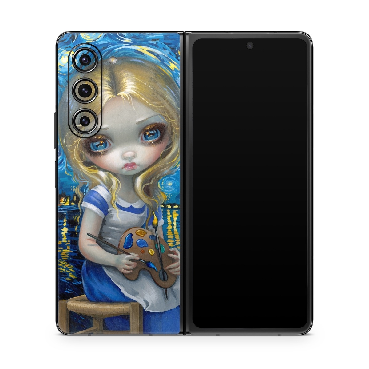 Samsung Galaxy Z Fold5 Skin design of Blue, Illustration, Cg artwork, Doll, Art, Acrylic paint, Painting, Toy, Fictional character, Visual arts, with blue, yellow, white, brown, red colors