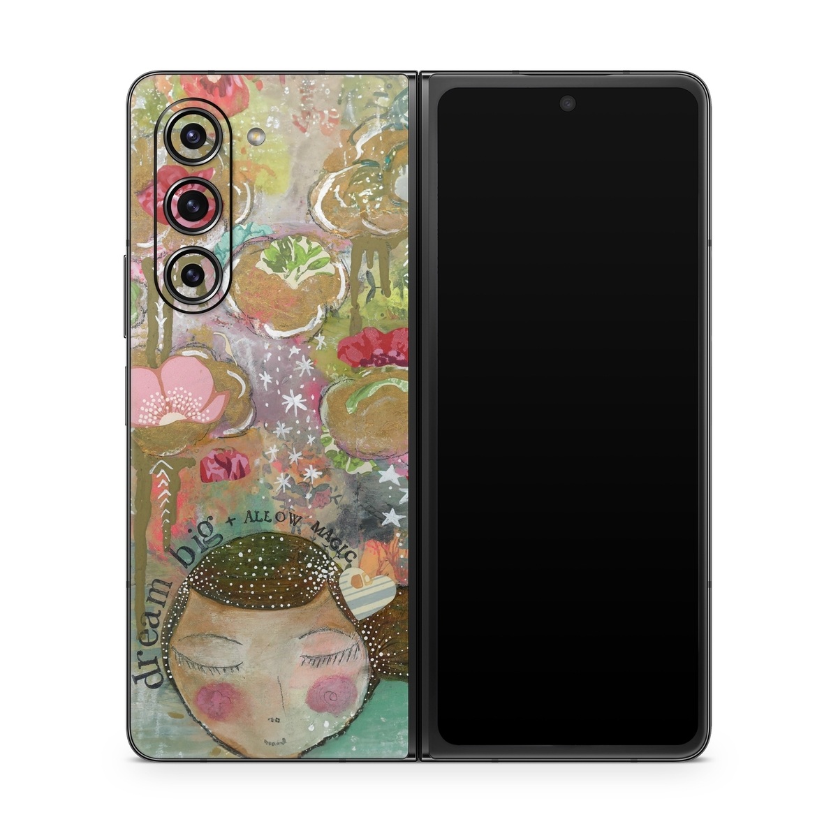 Samsung Galaxy Z Fold5 Skin design of Painting, Pink, Illustration, Art, Child art, Watercolor paint, Drawing, Visual arts, Still life, with brown, pink, red, green, white, black, orange, gray colors