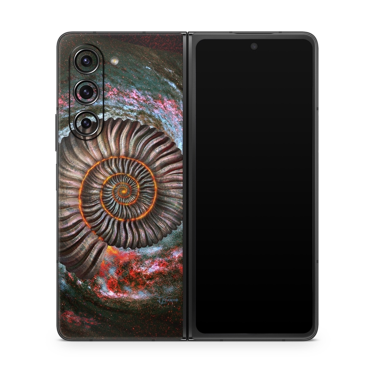 Samsung Galaxy Z Fold5 Skin design of Spiral, Fractal art, Vortex, Circle, Art, Ammonoidea, with black, brown, red, white, blue, green colors