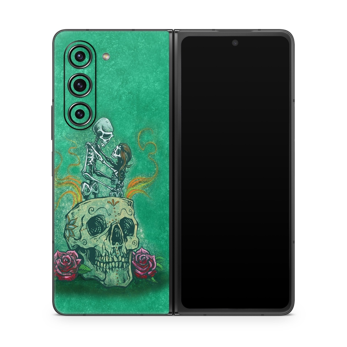 Samsung Galaxy Z Fold5 Skin design of Bone, Skull, Aqua, Pattern, Electric blue, Fashion accessory, Font, Fictional character, Art, Grass, with green, pink, red, yellow, orange, white, gray colors