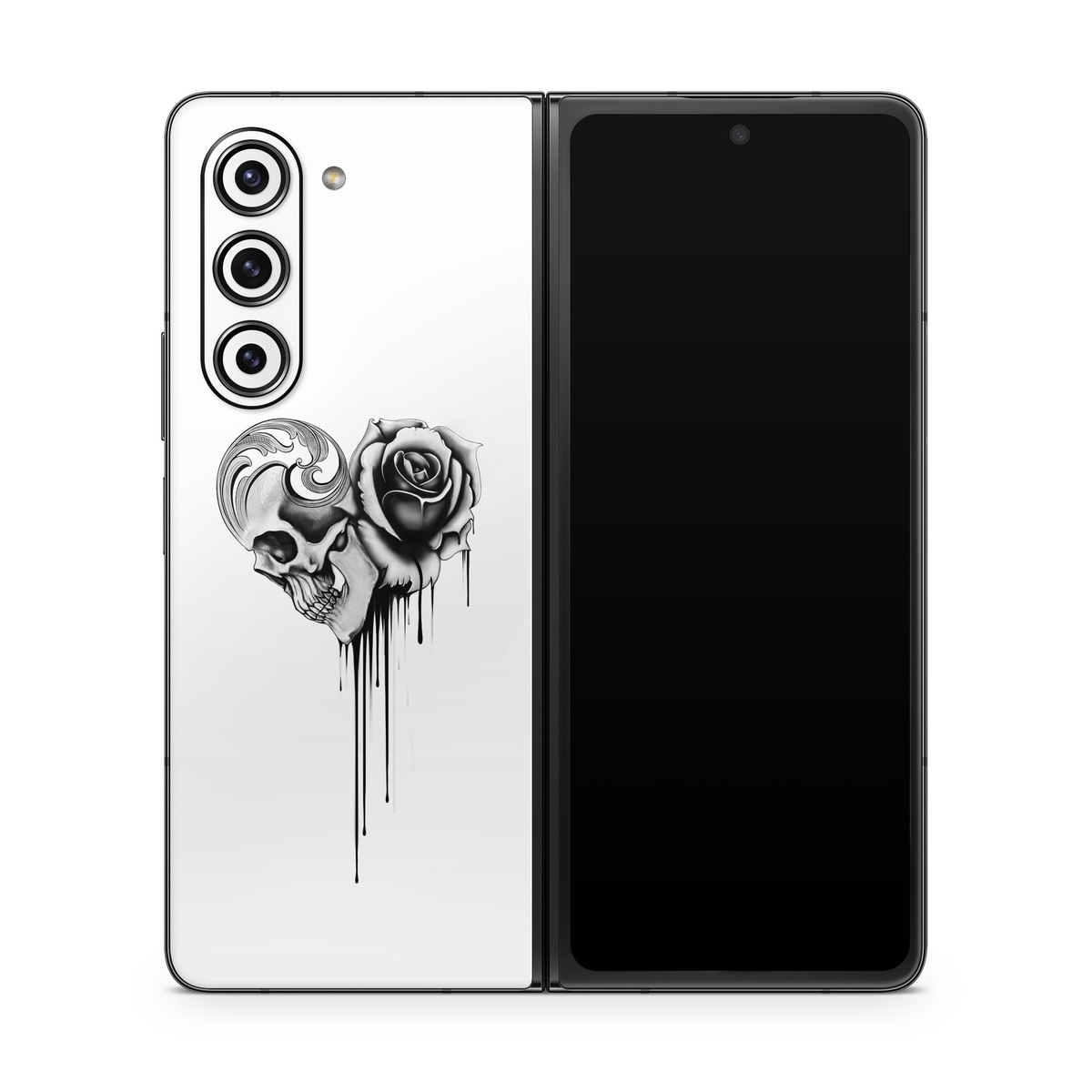Samsung Galaxy Z Fold5 Skin design of Black-and-white, Illustration, Monochrome, Rose, Plant, Style, Metal, Drawing, with white, black, gray colors