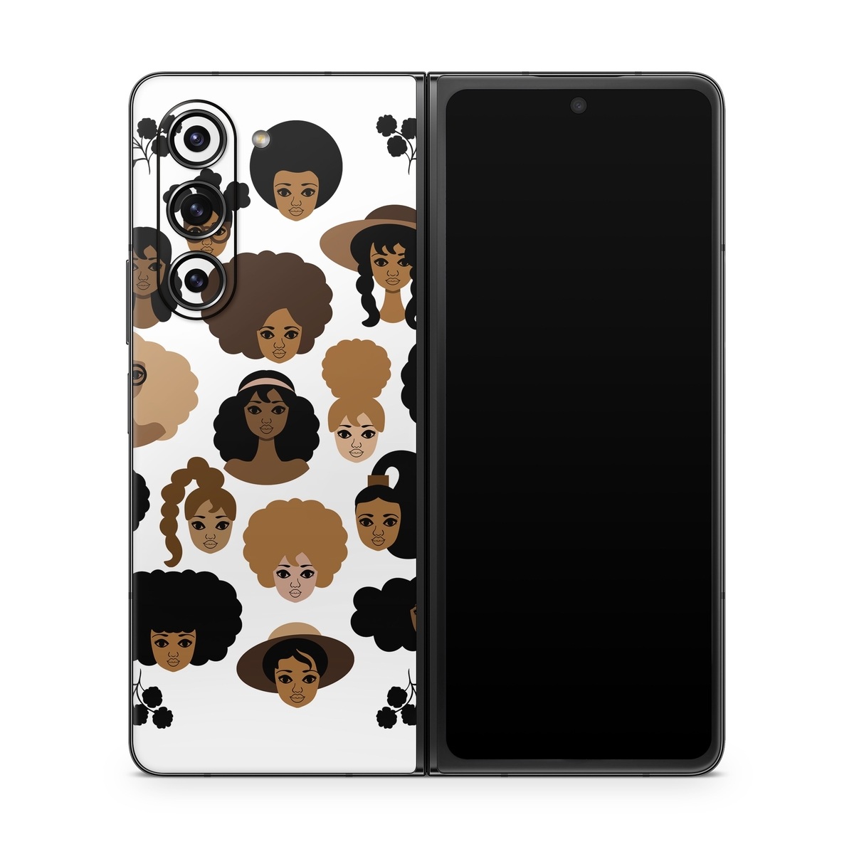 Samsung Galaxy Z Fold5 Skin design of Hair, People, Facial expression, Hairstyle, Cartoon, Head, Afro, Clip art, Font, Black hair, with black, brown, white colors