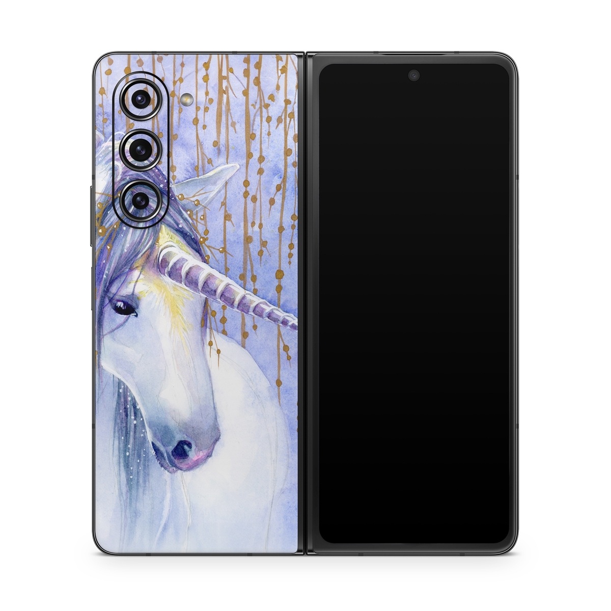 Samsung Galaxy Z Fold5 Skin design of Horse, Eyelash, Painting, Working animal, Line, Art, Paint, Snout, Pack animal, Illustration, with white, purple, brown, yellow colors