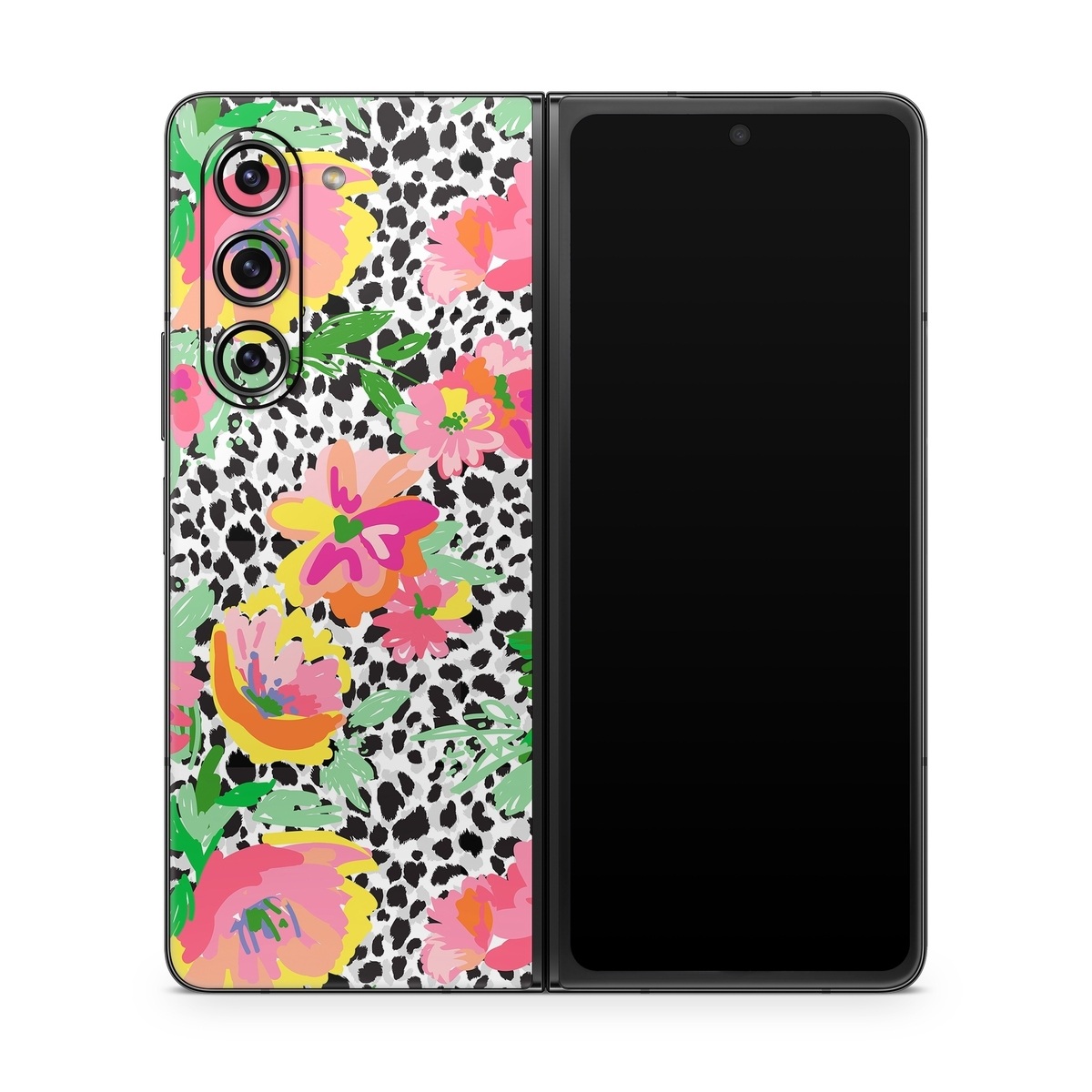 Samsung Galaxy Z Fold5 Skin design of Flower, Petal, Textile, Pink, Creative arts, Art, Magenta, Pattern, Plant, Symmetry, with pink, orange, yellow, purple, green, black, white colors