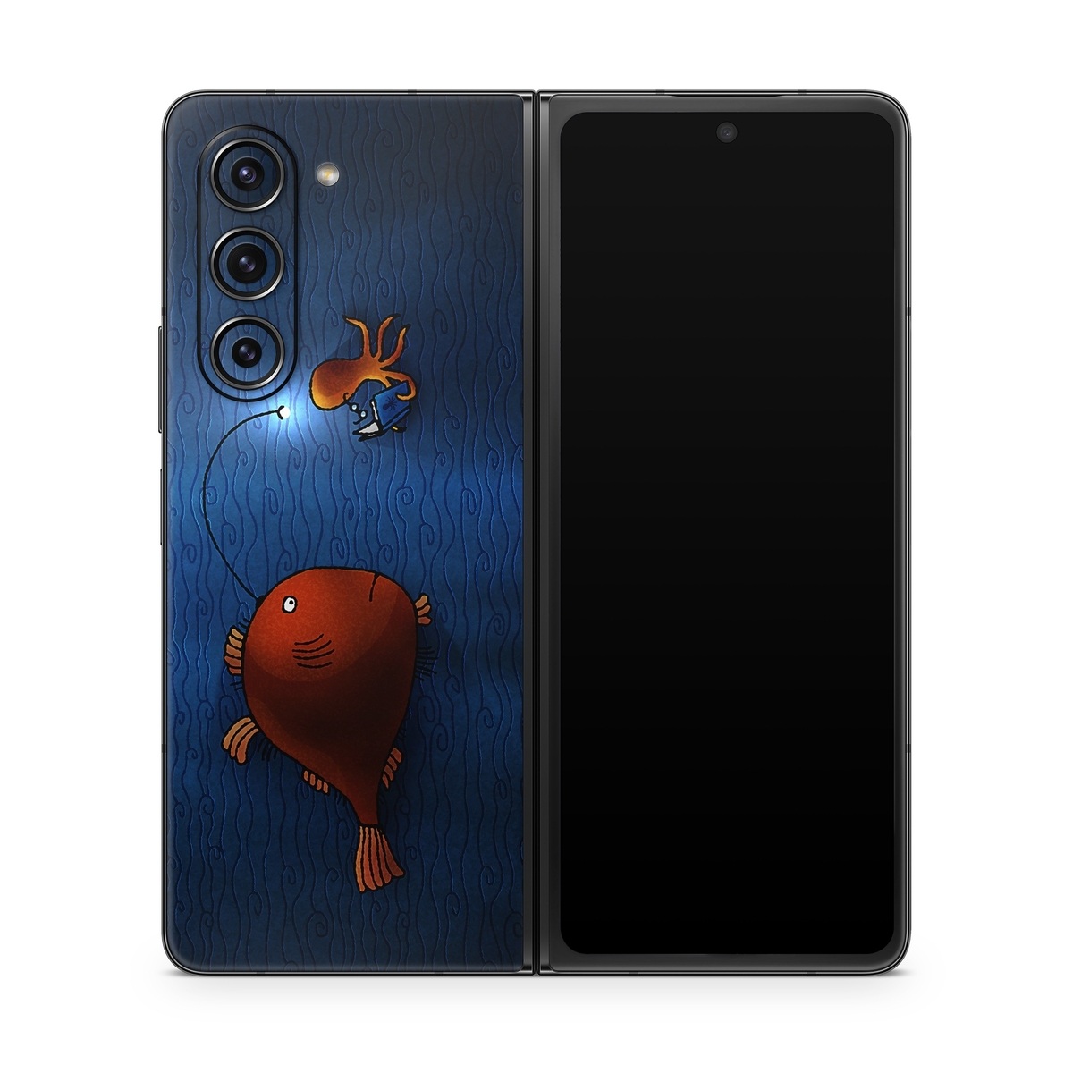 Samsung Galaxy Z Fold5 Skin design of Deep sea fish, Anglerfish, Illustration, Fish, Animation, Art, with blue, red colors