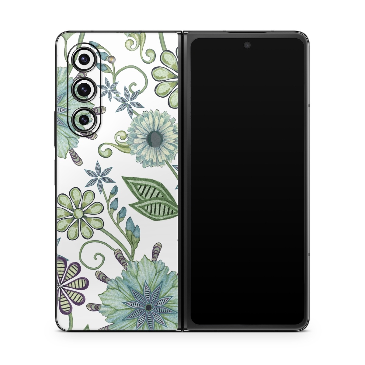 Samsung Galaxy Z Fold5 Skin design of Green, Pattern, Flower, Botany, Plant, Leaf, Design, Wildflower, with white, green, blue colors