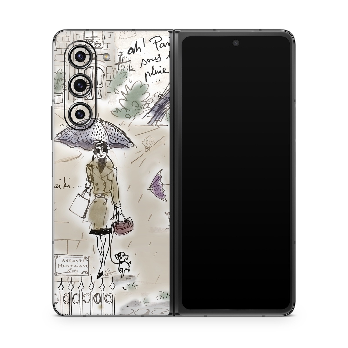 Samsung Galaxy Z Fold5 Skin design of Cartoon, Umbrella, Illustration, Organism, Art, Fiction, Fictional character, with brown, gray, purple colors