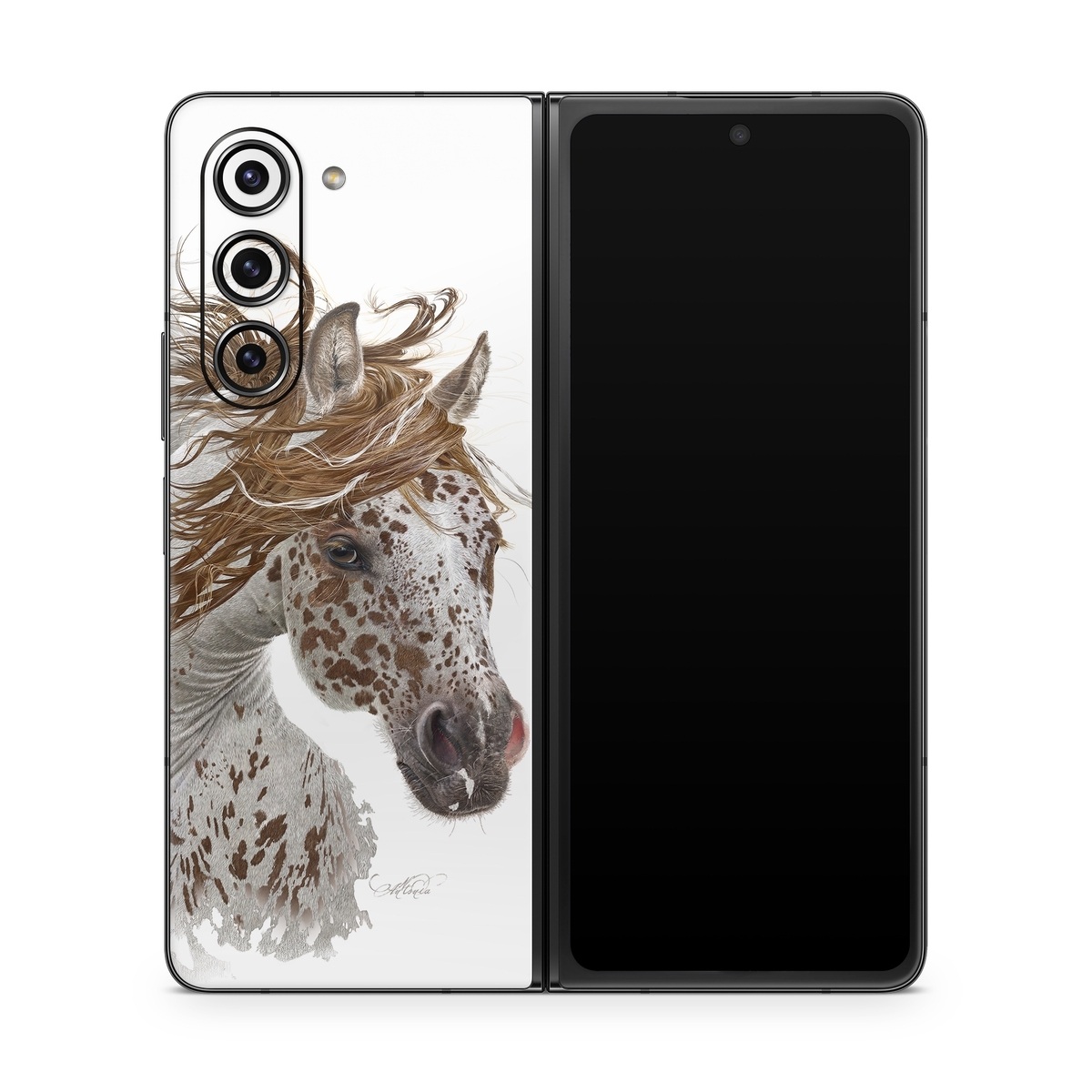 Samsung Galaxy Z Fold5 Skin design of Horse, Mane, Mustang horse, Illustration, Snout, Animal figure, Drawing, Stallion, Liver, Mare, with white, brown colors