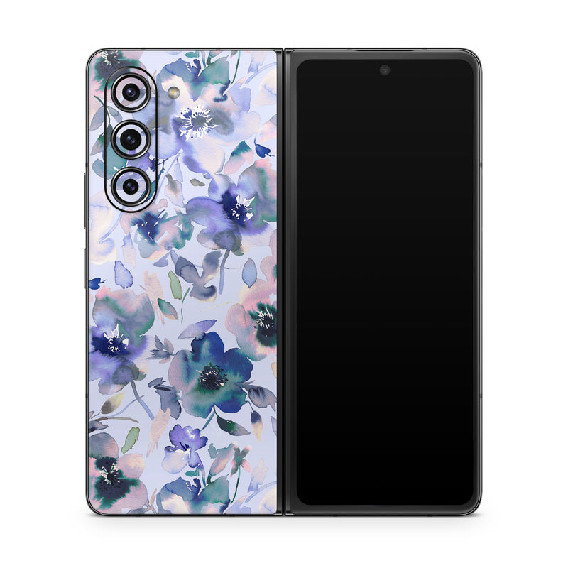 Samsung Galaxy Z Fold5 Skin design of Blue, Flower, Petal, Pink, Purple, Wildflower, Watercolor painting, Floral design, Lobelias, Borages, with white, purple, black, pink, green colors