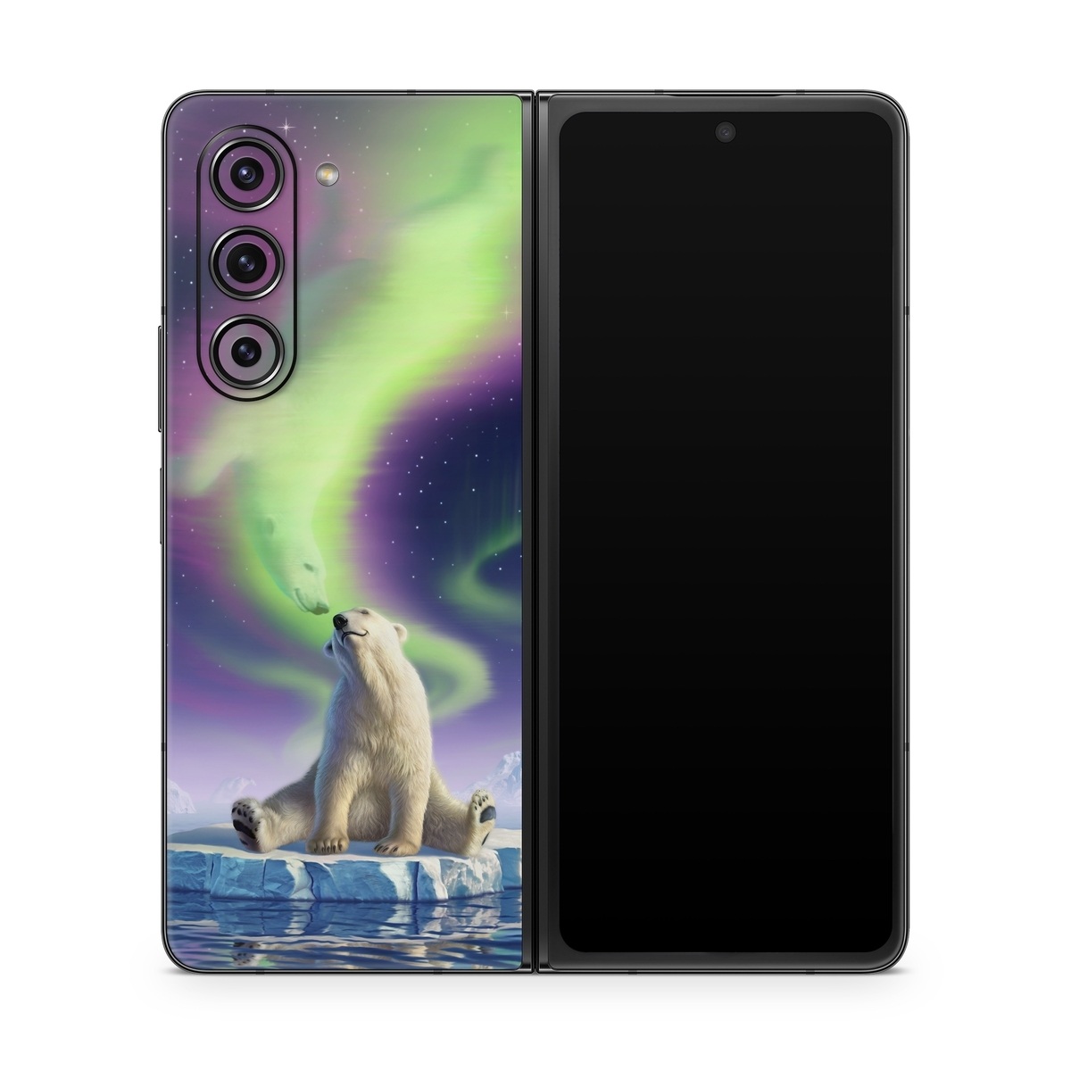 Samsung Galaxy Z Fold5 Skin design of Aurora, Sky, Wildlife, Polar bear, Fictional character, with white, blue, green, purple colors