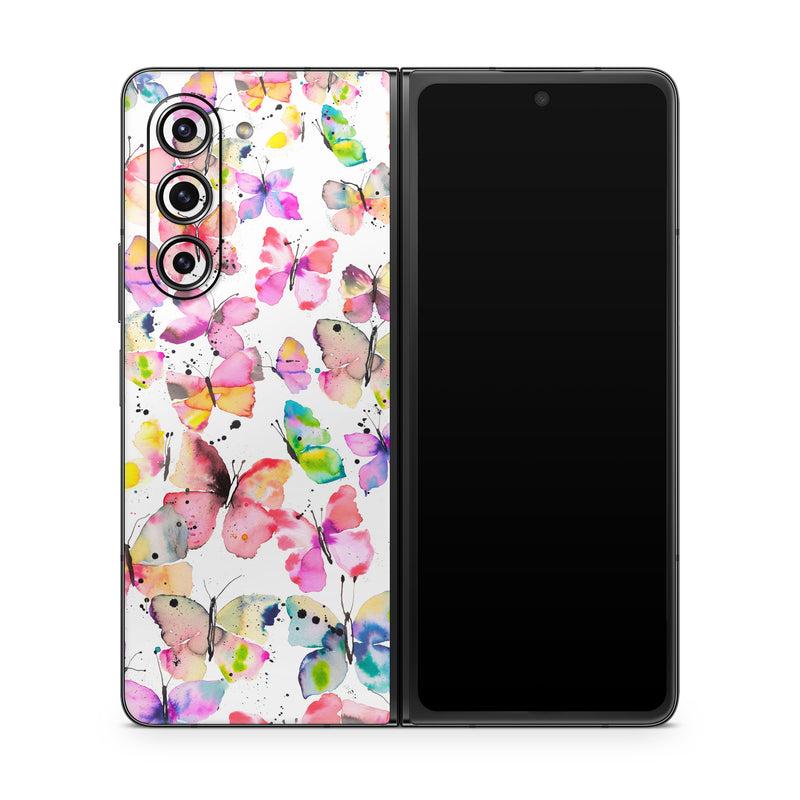 Samsung Galaxy Z Fold5 Skin design of Pollinator, Butterfly, Pink, Insect, Lepidoptera, Arthropod, Paint, Watercolor painting, with white, pink, red, blue, green, purple, yellow, orange colors