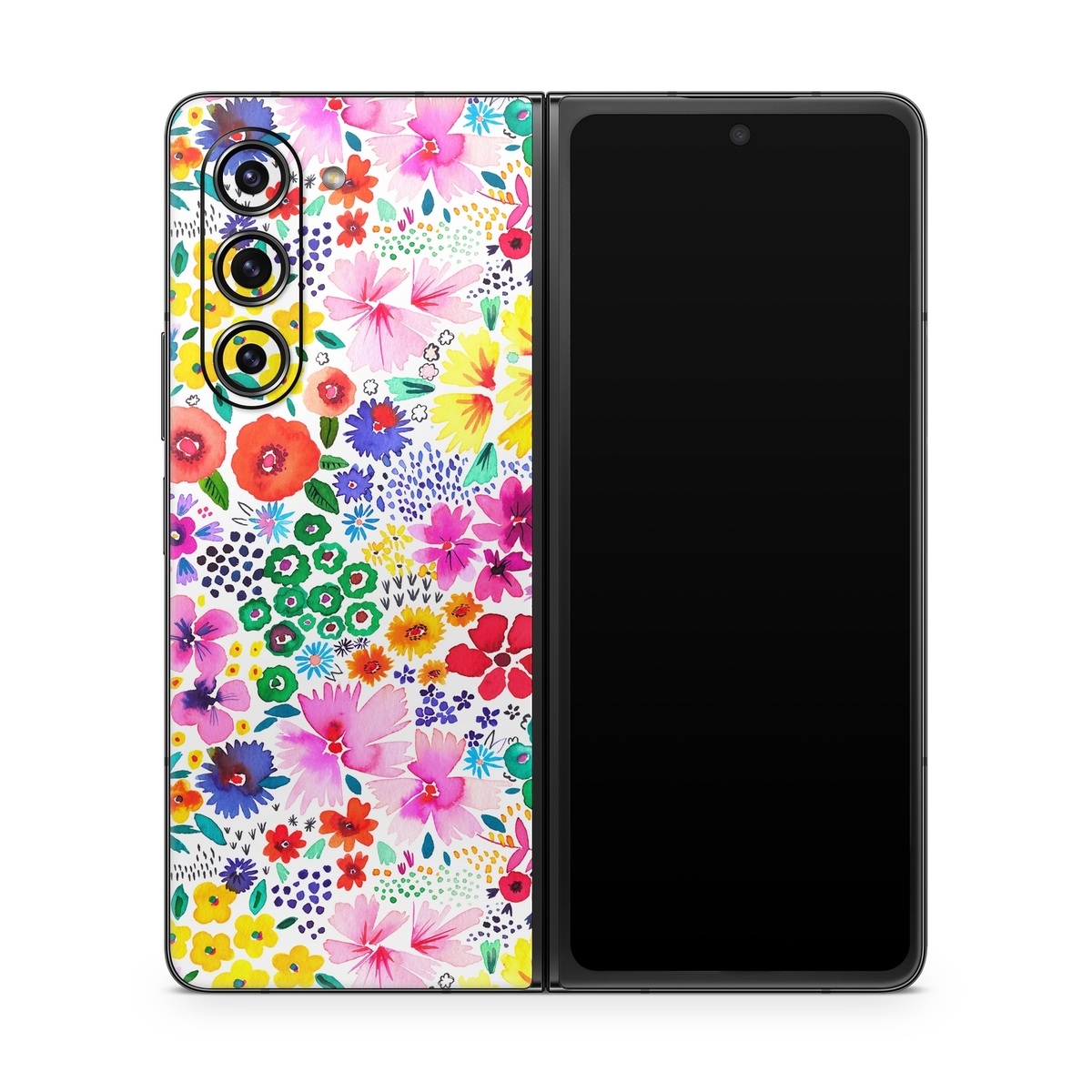 Samsung Galaxy Z Fold5 Skin design of Colorfulness, Flower, Pink, Art, Magenta, Pattern, Creative arts, Petal, Symmetry, Electric blue, with white, pink, green, red, blue, purple, yellow, orange colors