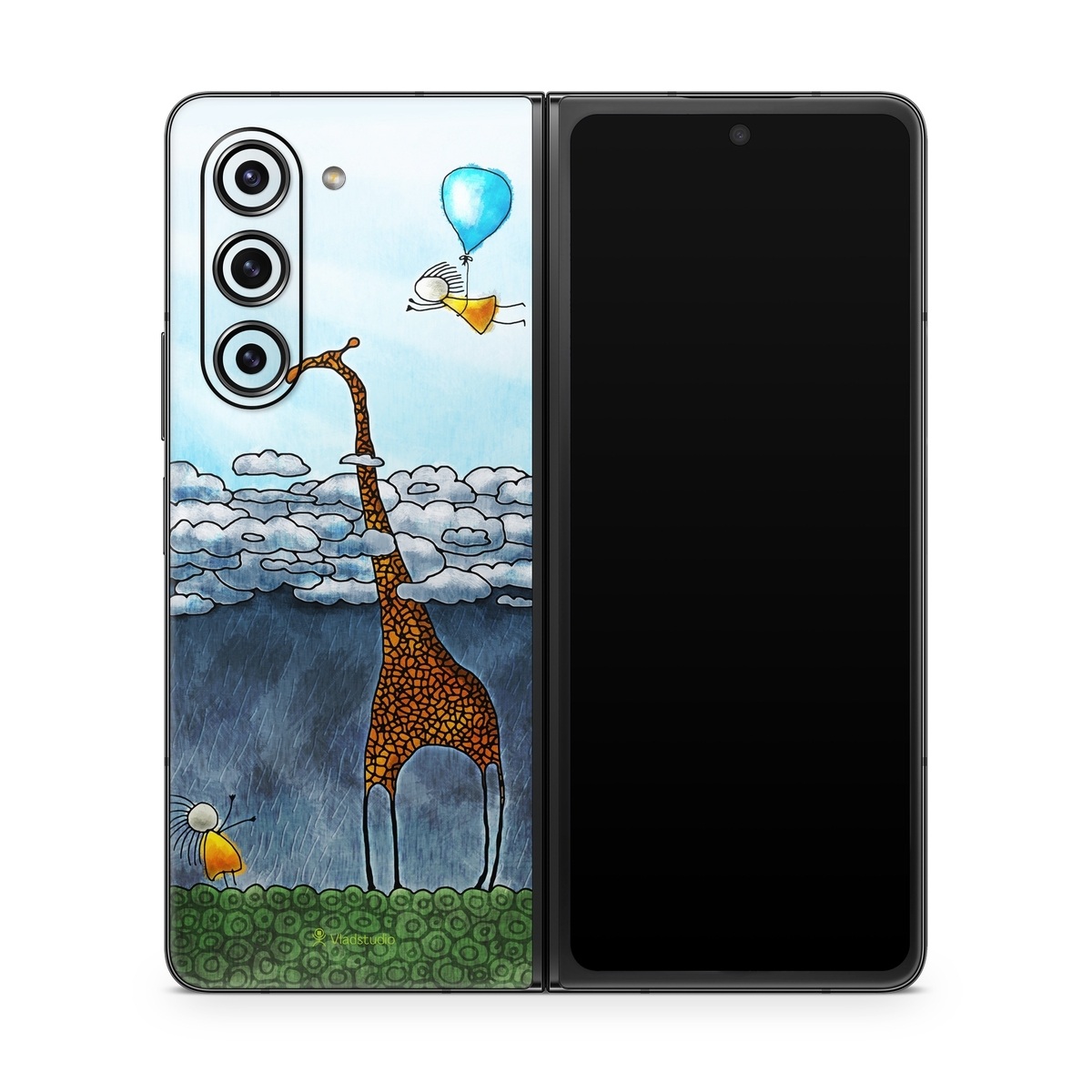 Samsung Galaxy Z Fold5 Skin design of Giraffe, Sky, Tree, Water, Branch, Giraffidae, Illustration, Cloud, Grassland, Bird, with blue, gray, yellow, green colors