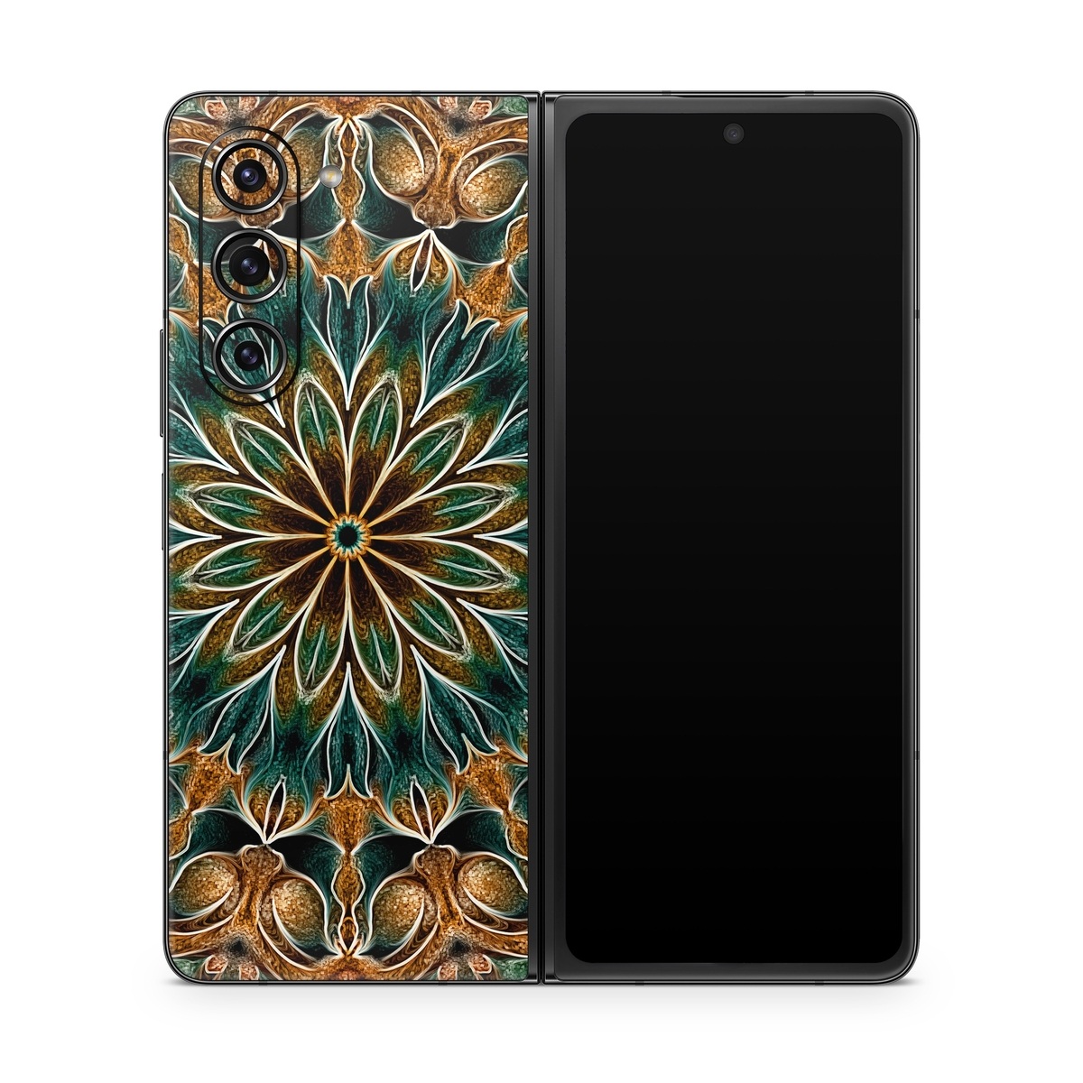 Samsung Galaxy Z Fold5 Skin design of Pattern, Symmetry, Textile, Art, Psychedelic art, Tapestry, Design, Visual arts, Kaleidoscope, Motif, with green, orange, yellow, brown, red colors