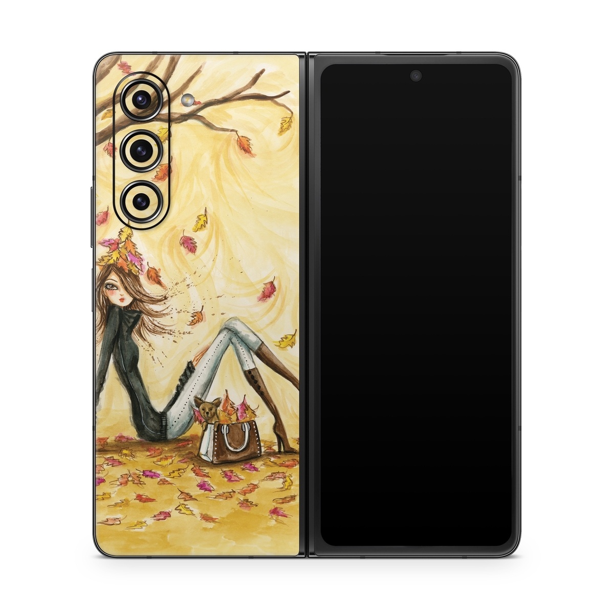 Samsung Galaxy Z Fold5 Skin design of Painting, Watercolor paint, Tree, Art, Illustration, Plant, Modern art, Visual arts, Still life, Fictional character, with yellow, red, brown, orange, black, white colors