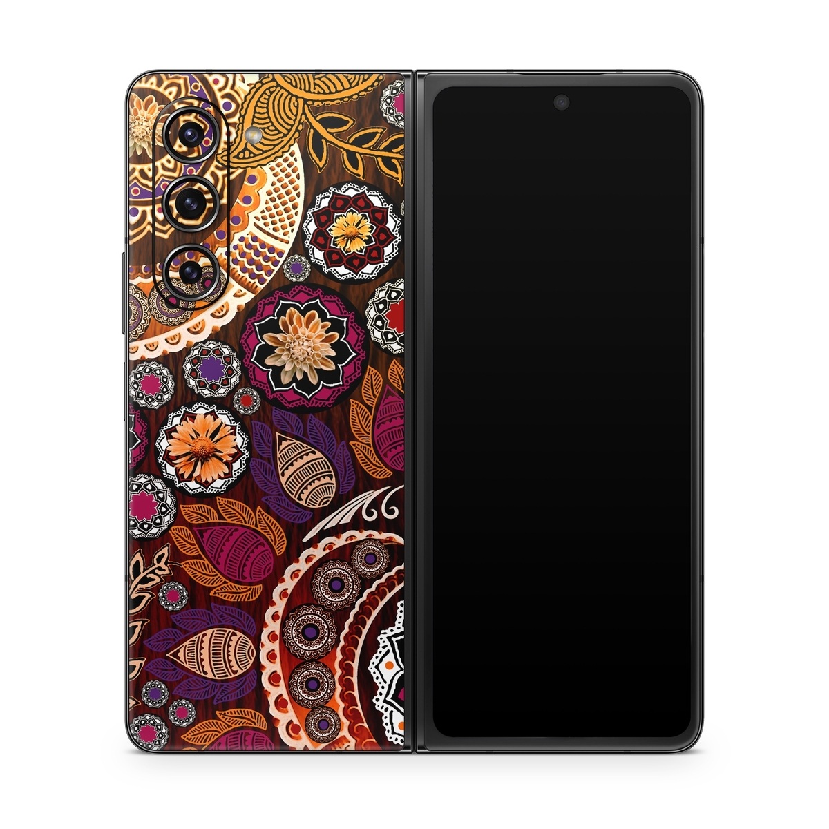 Samsung Galaxy Z Fold5 Skin design of Pattern, Motif, Visual arts, Design, Art, Floral design, Textile, Paisley, Tapestry, Circle, with brown, purple, red, white, black colors