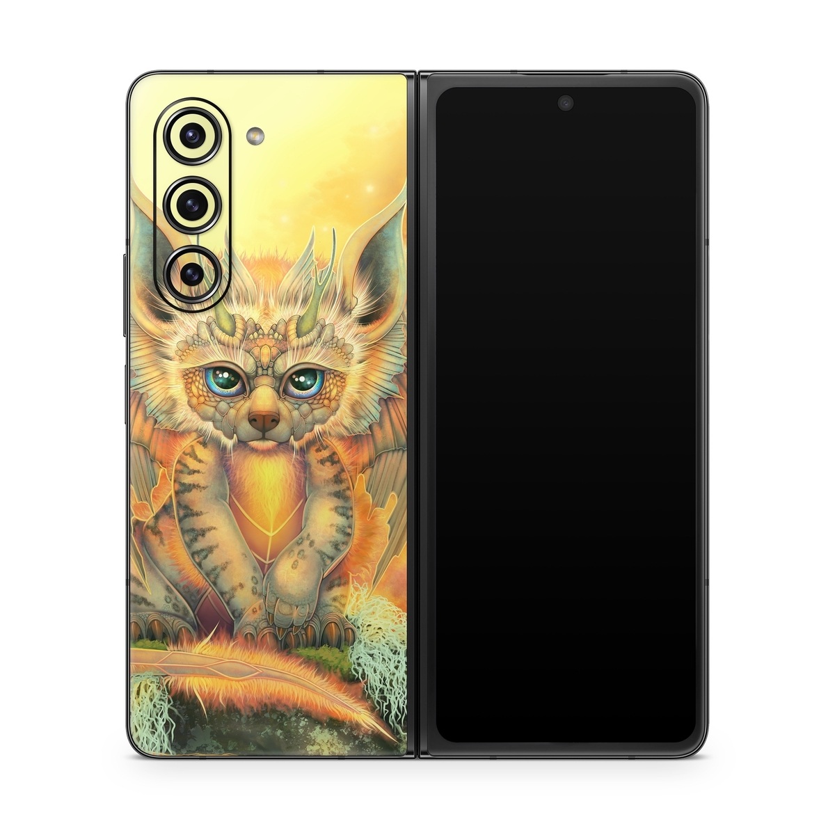 Samsung Galaxy Z Fold5 Skin design of Nature, Mammal, Art, Fawn, Owl, Illustration, Tail, Fictional character, Visual arts, Terrestrial animal, with yellow, orange, green, white, black colors