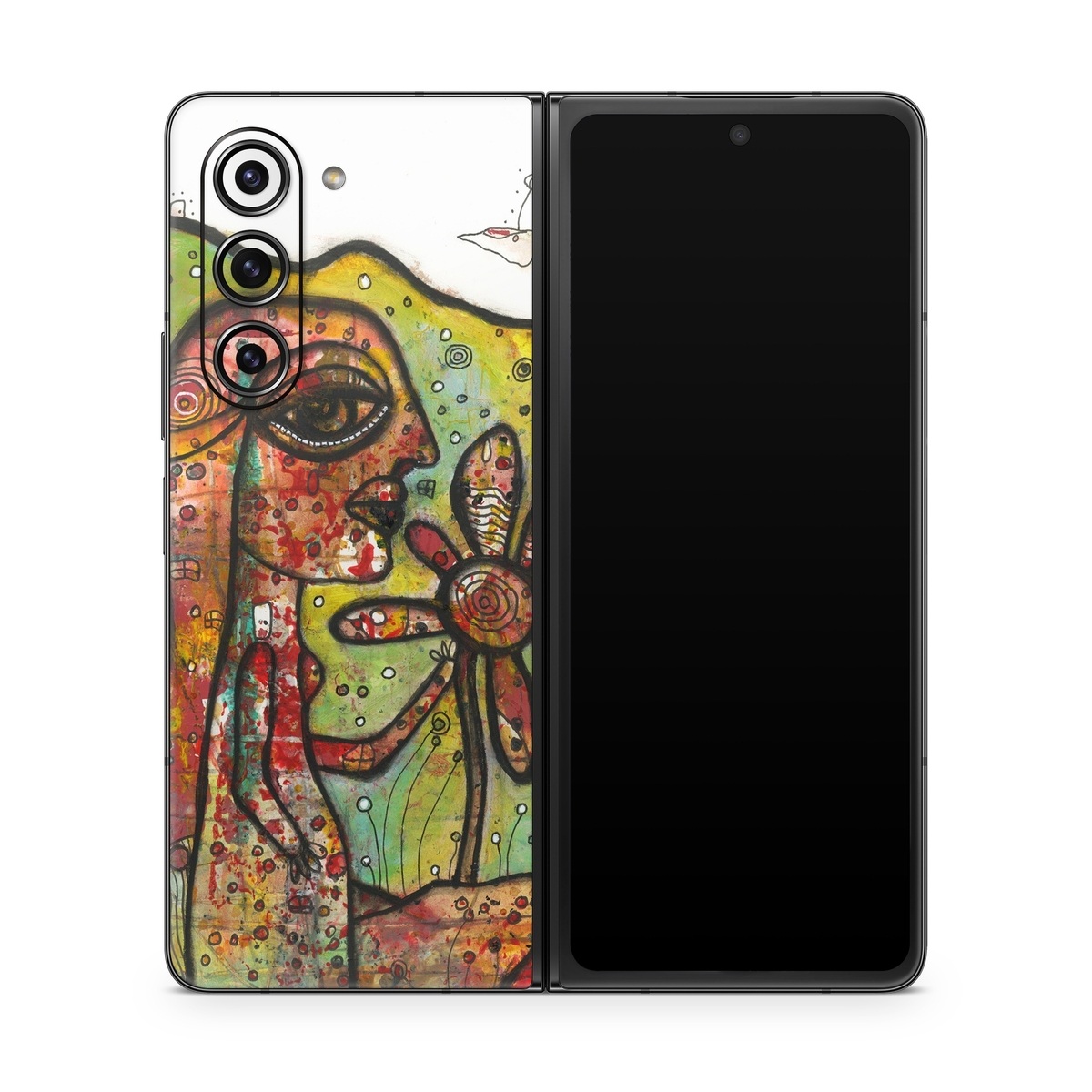 Samsung Galaxy Z Fold5 Skin design of Modern art, Art, Painting, Acrylic paint, Psychedelic art, Visual arts, Watercolor paint, Illustration, Paint, Style, with green, black, red, white, orange, yellow colors