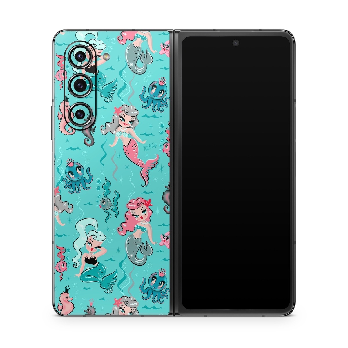 Samsung Galaxy Z Fold5 Skin design of Turquoise, Wrapping paper, Cartoon, Pattern, Textile, Aqua, Design, Gift wrapping, Illustration, Fictional character, with blue, pink, yellow, gray colors