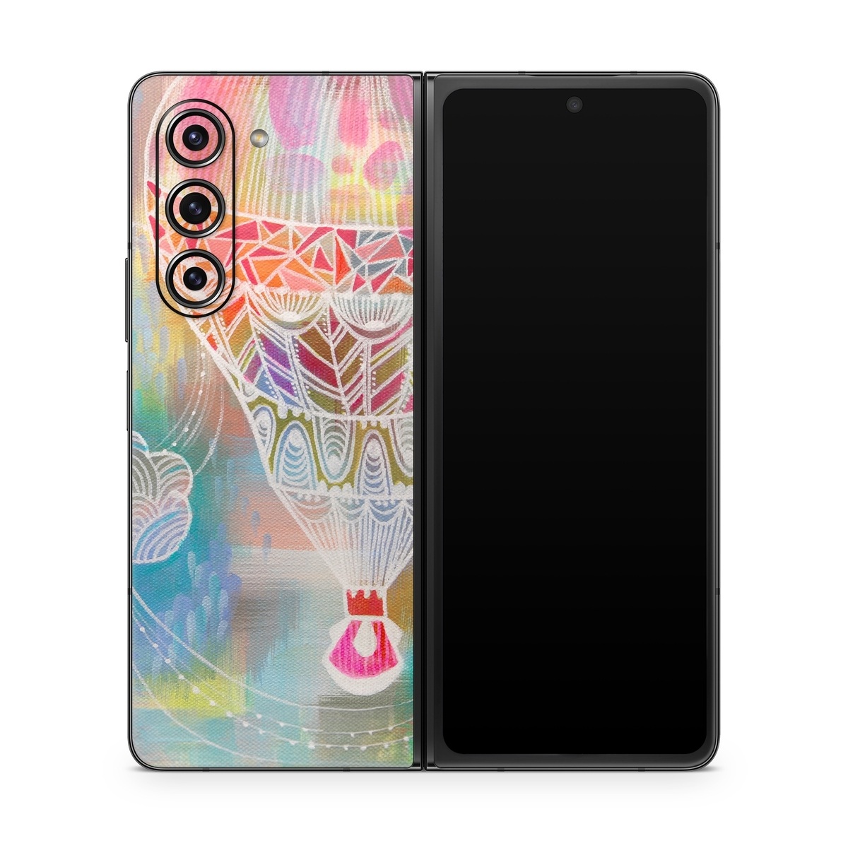 Samsung Galaxy Z Fold5 Skin design of Hot air balloon, Balloon, Illustration, Pattern, Vehicle, Aerostat, Hot air ballooning, Graphic design, Art, with blue, red, yellow, pink, white colors
