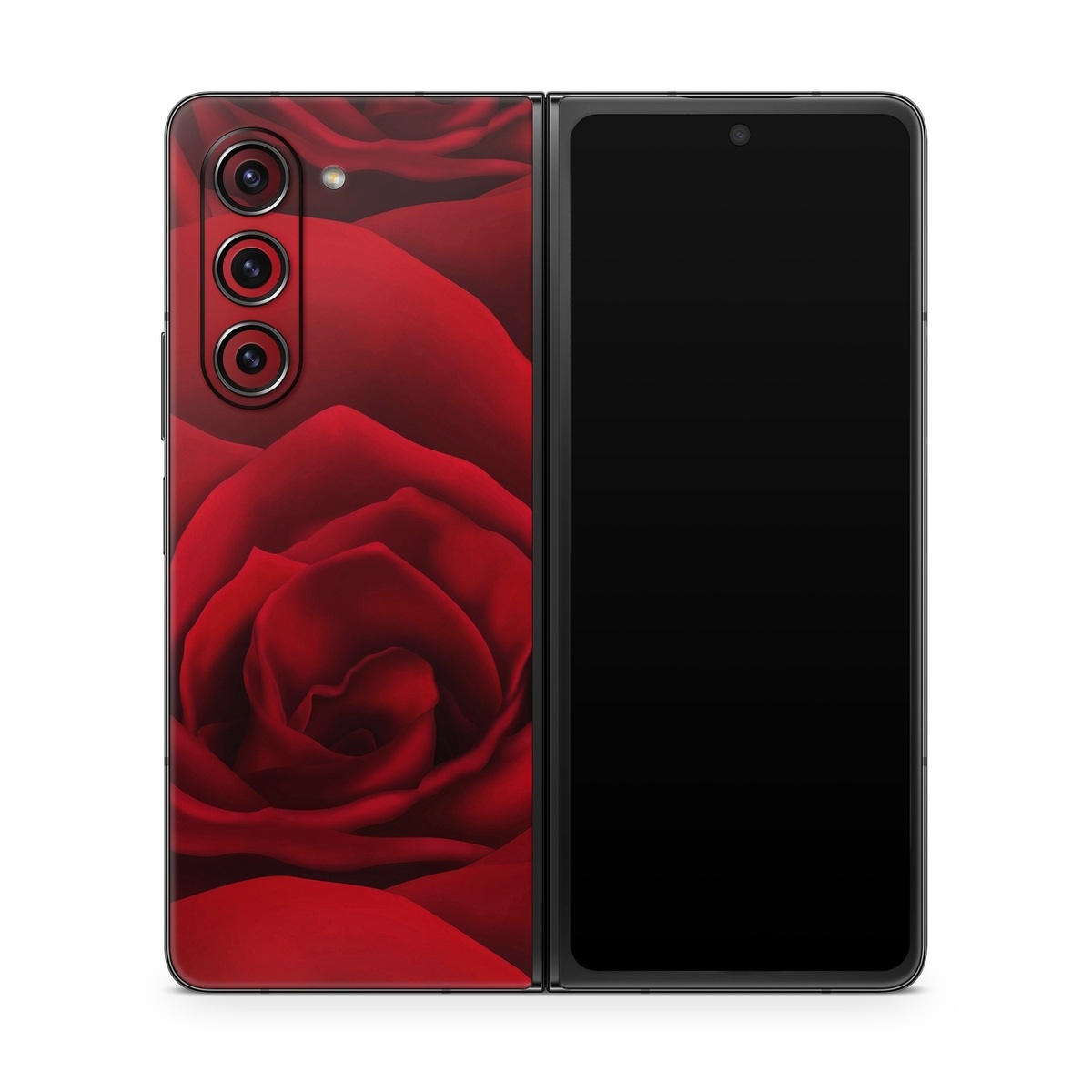 Samsung Galaxy Z Fold5 Skin design of Red, Garden roses, Rose, Petal, Flower, Nature, Floribunda, Rose family, Close-up, Plant, with black, red colors