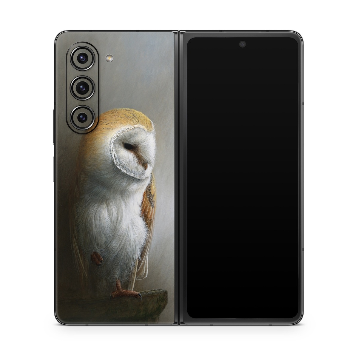 Samsung Galaxy Z Fold5 Skin design of Barn owl, Owl, Bird, Bird of prey, Beak, Wildlife, with yellow, white, orange, brown colors