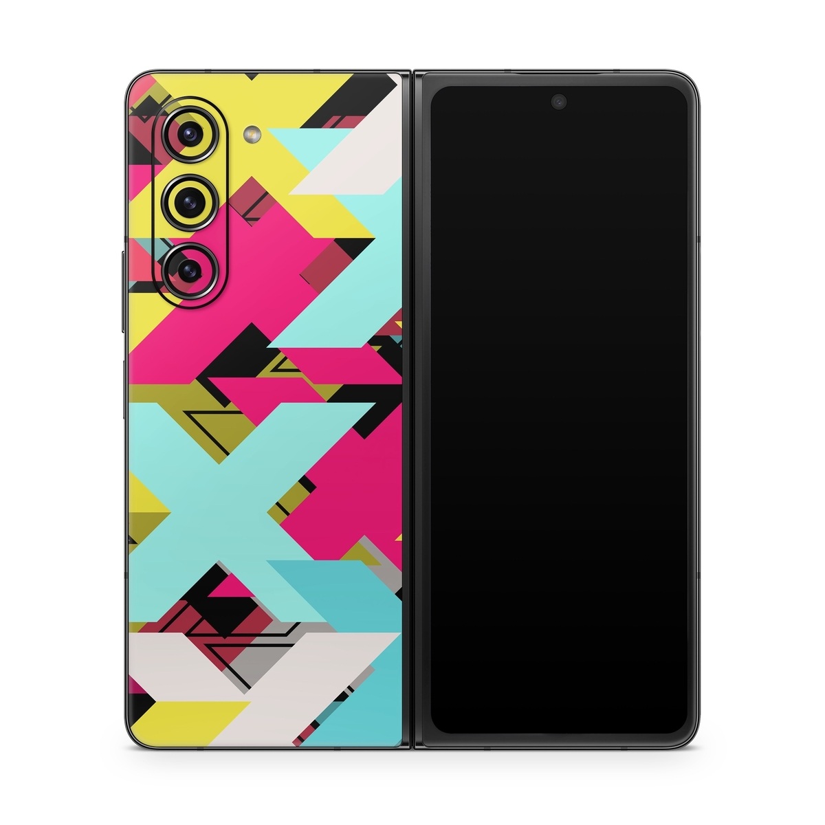 Samsung Galaxy Z Fold5 Skin design of Pattern, Graphic design, Line, Design, Triangle, Font, Illustration, Magenta, Visual arts, with yellow, blue, white, black, red, pink colors
