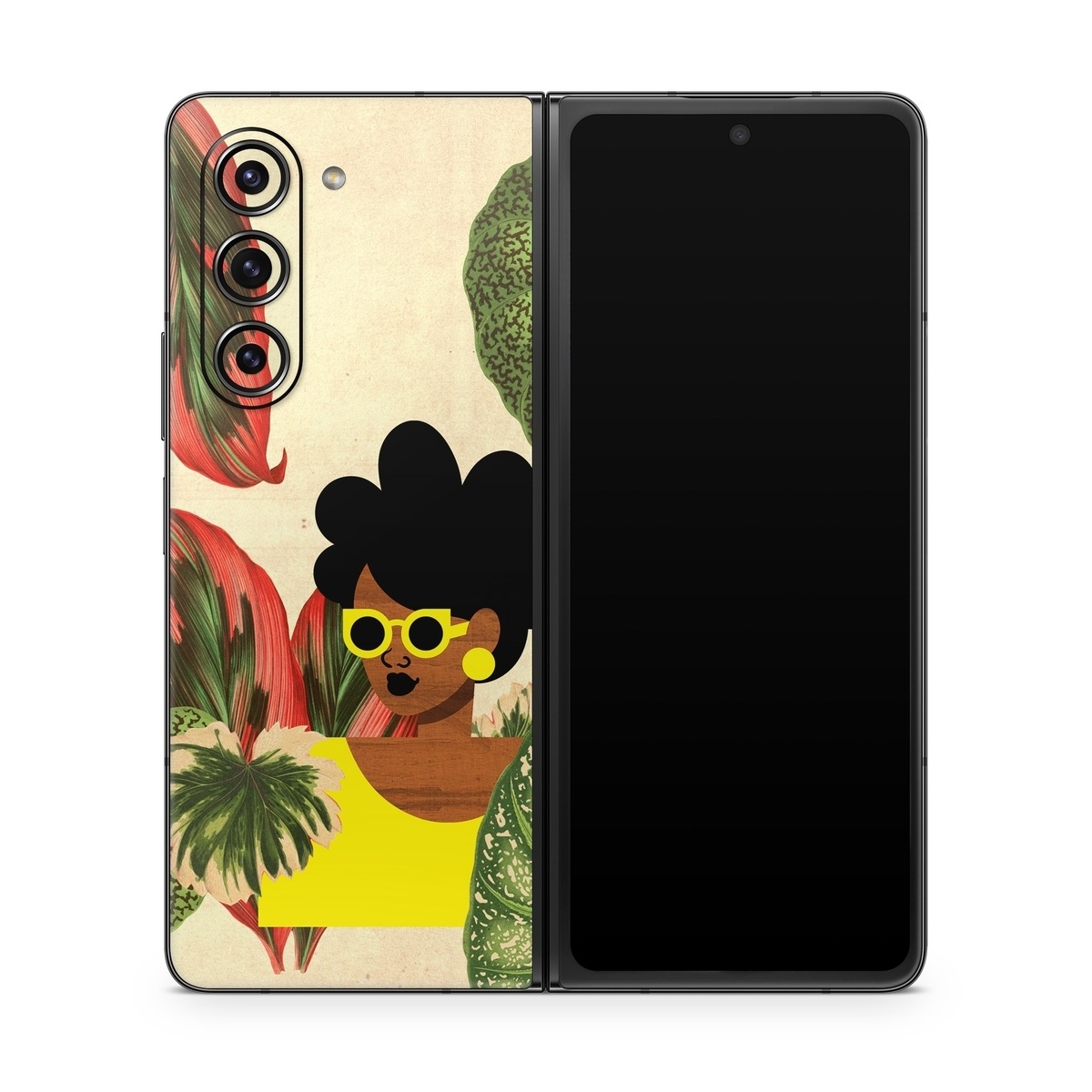Samsung Galaxy Z Fold5 Skin design of Illustration, Plant, Botany, Organism, Leaf, Art, Animation, Grass, Flower, Perennial plant, with green, black, brown, yellow, red colors