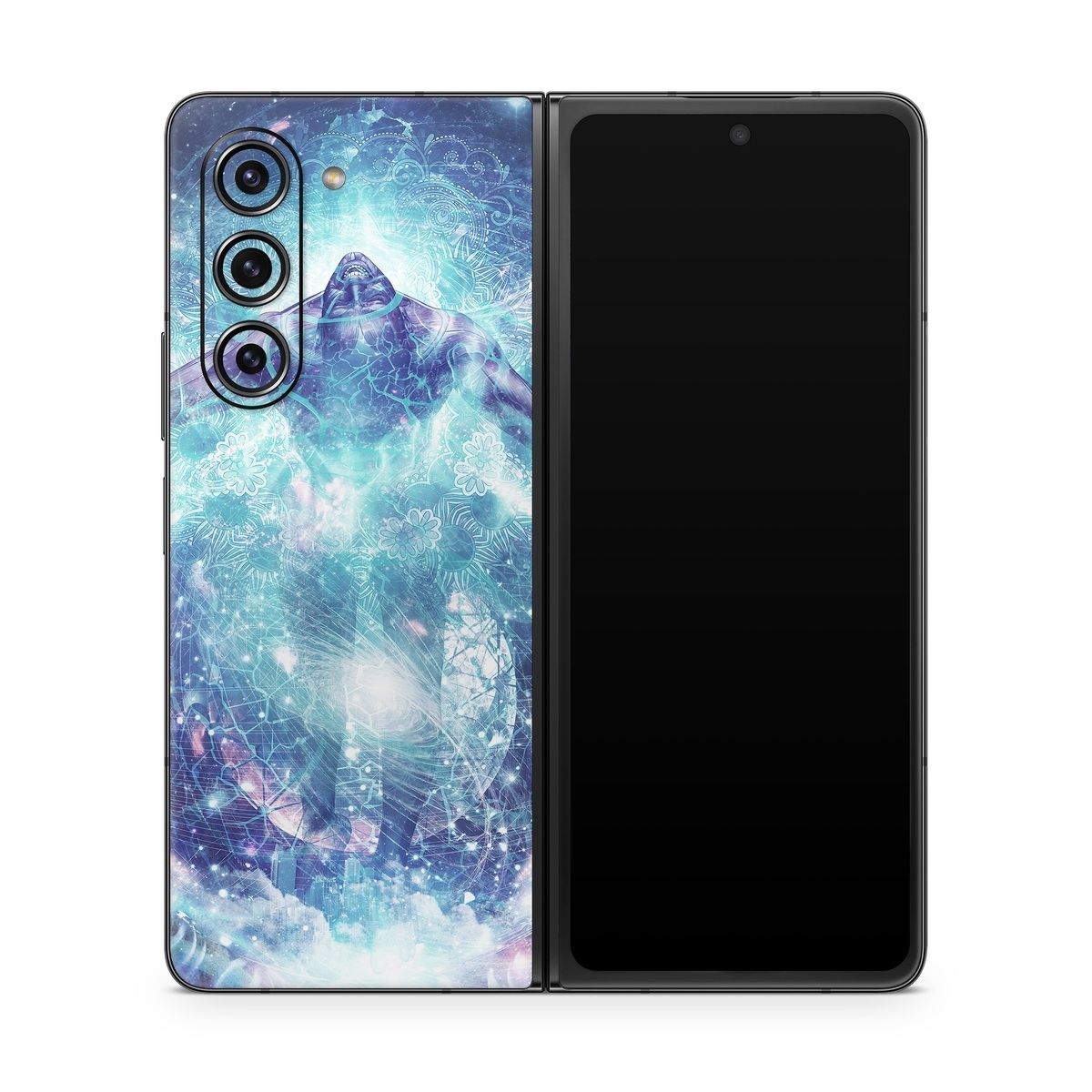 Samsung Galaxy Z Fold5 Skin design of Outer space, Astronomical object, Universe, Space, Sky, Atmosphere, Fractal art, Nebula, Science, Star, with blue, black, red, yellow, white colors