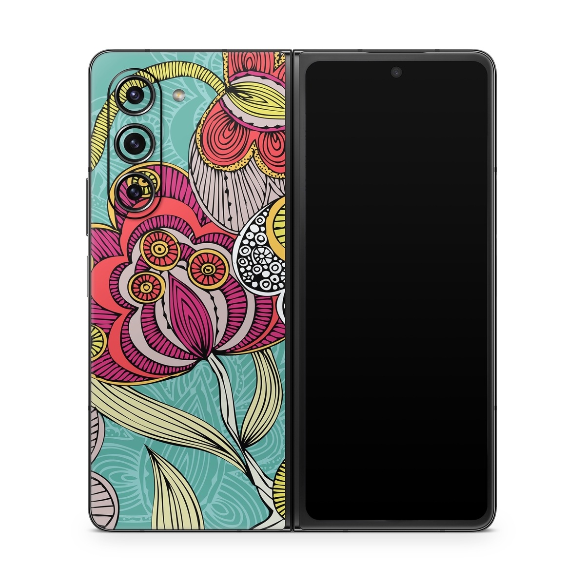 Samsung Galaxy Z Fold5 Skin design of Pattern, Visual arts, Motif, Floral design, Design, Art, Plant, Flower, Organism, Textile, with red, yellow, blue, gray, pink colors