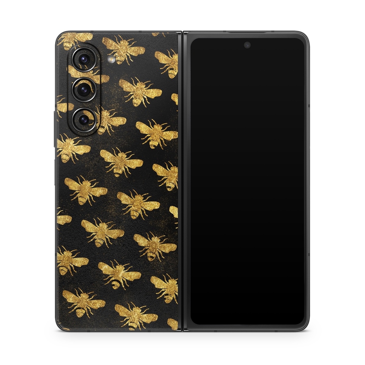 Samsung Galaxy Z Fold5 Skin design of Pattern, Yellow, Flower, Design, Plant, Wildflower, Textile, Metal, with black, yellow colors