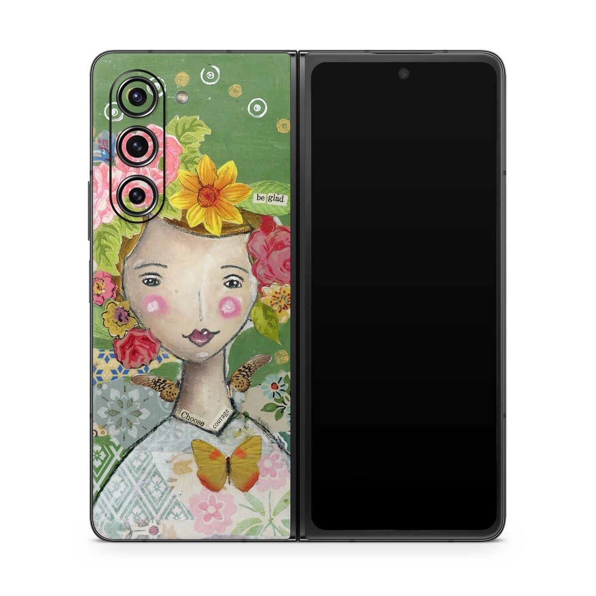Samsung Galaxy Z Fold5 Skin design of Watercolor paint, Illustration, Art, Painting, Plant, Flower, Visual arts, Paint, Child art, Acrylic paint, with green, pink, red, orange, white, blue, brown colors